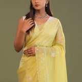 Macaroon Yellow Organza Embroidery Saree With Scallop Border
