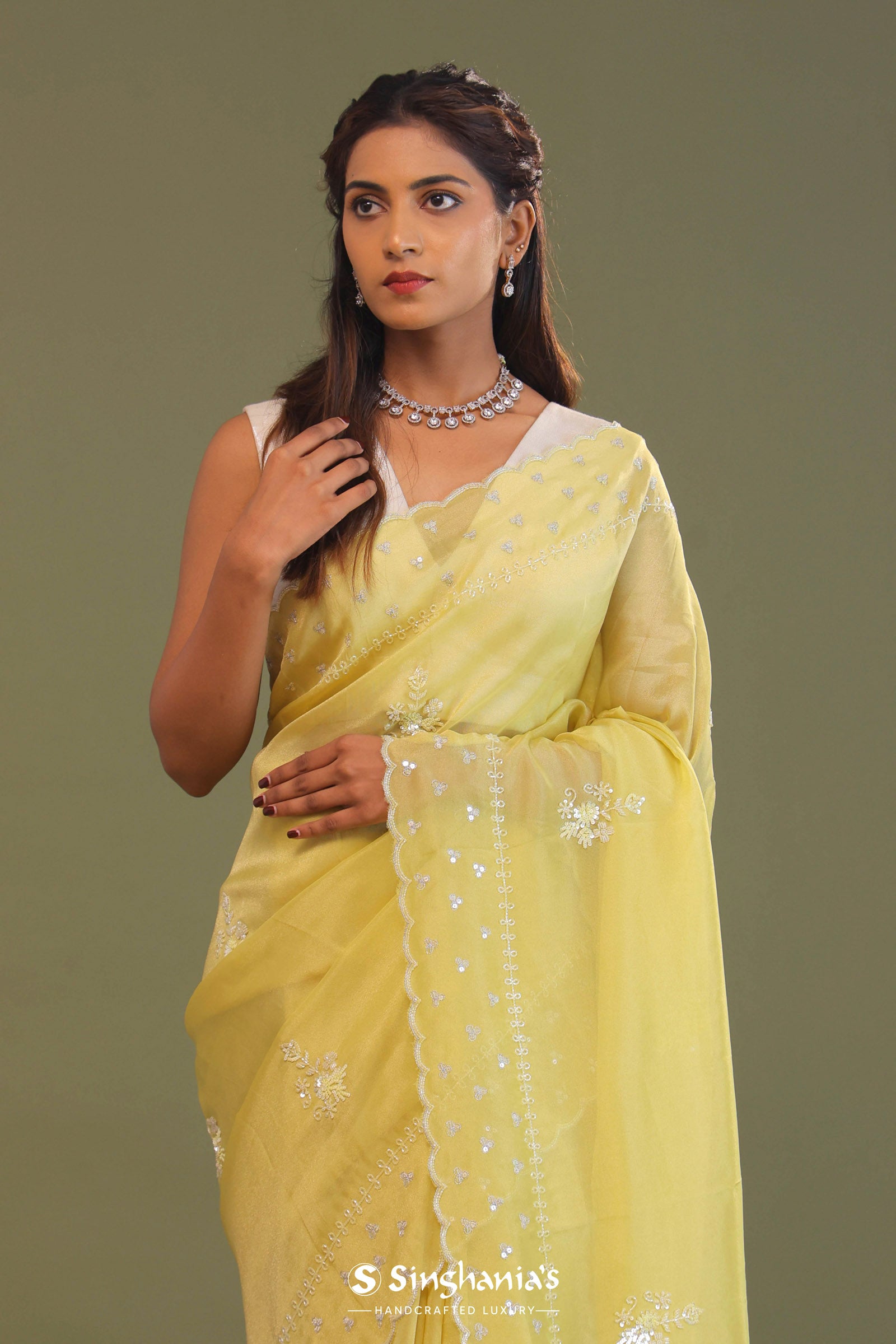 Macaroon Yellow Organza Embroidery Saree With Scallop Border