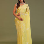 Macaroon Yellow Organza Embroidery Saree With Scallop Border