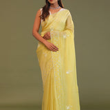 Macaroon Yellow Organza Embroidery Saree With Scallop Border