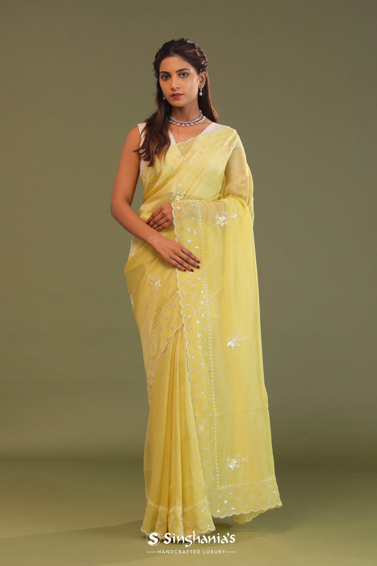 Macaroon Yellow Organza Embroidery Saree With Scallop Border