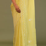 Macaroon Yellow Organza Embroidery Saree With Scallop Border
