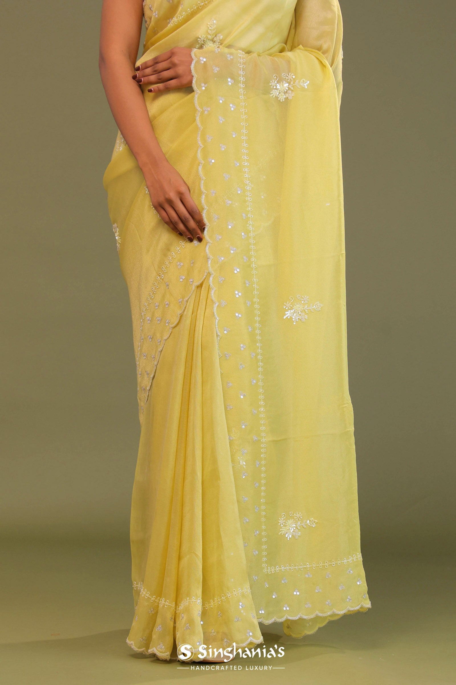 Macaroon Yellow Organza Embroidery Saree With Scallop Border