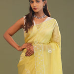 Macaroon Yellow Organza Embroidery Saree With Scallop Border