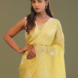 Macaroon Yellow Organza Embroidery Saree With Scallop Border