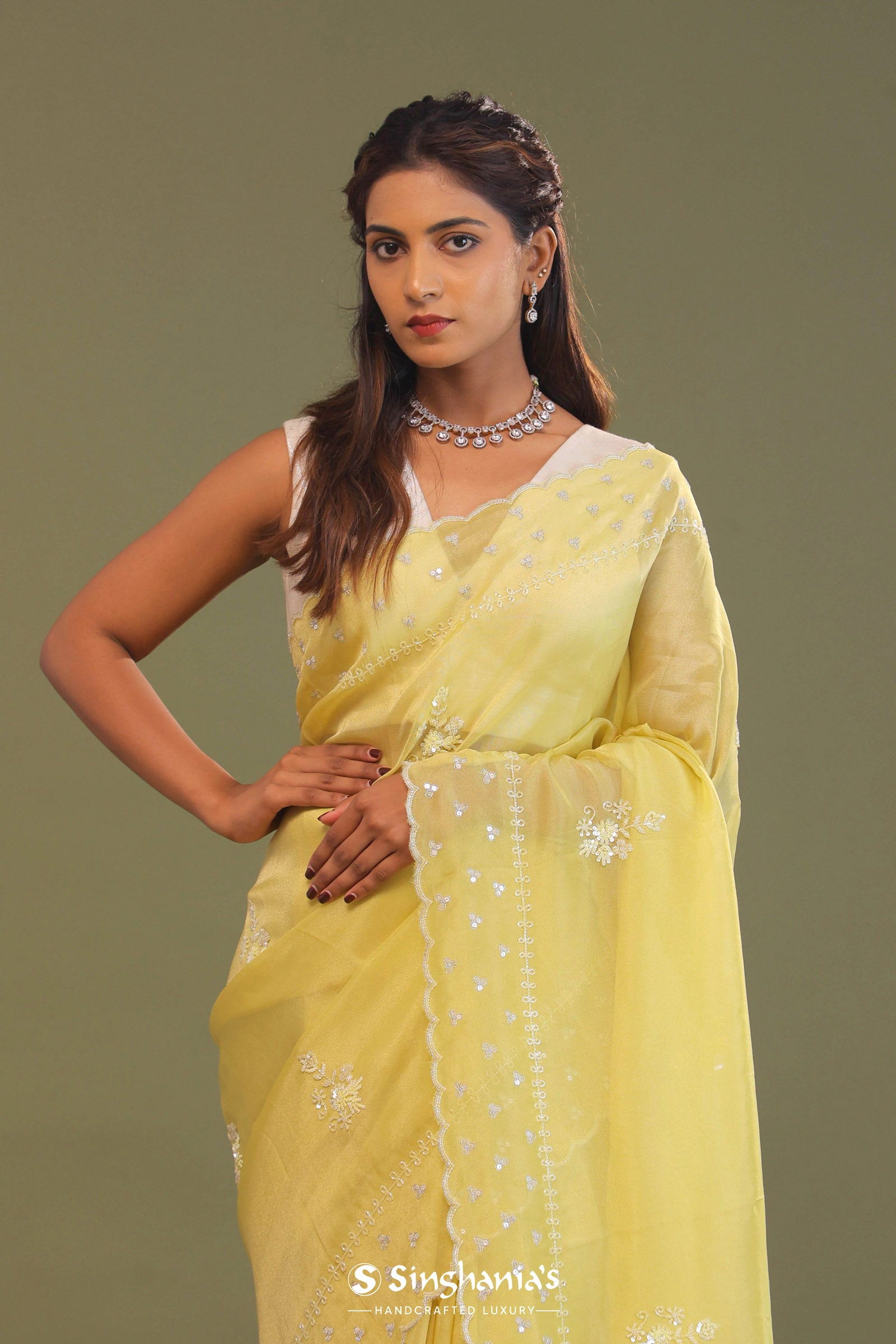 Macaroon Yellow Organza Embroidery Saree With Scallop Border