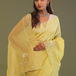 Macaroon Yellow Organza Embroidery Saree With Scallop Border