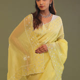 Macaroon Yellow Organza Embroidery Saree With Scallop Border
