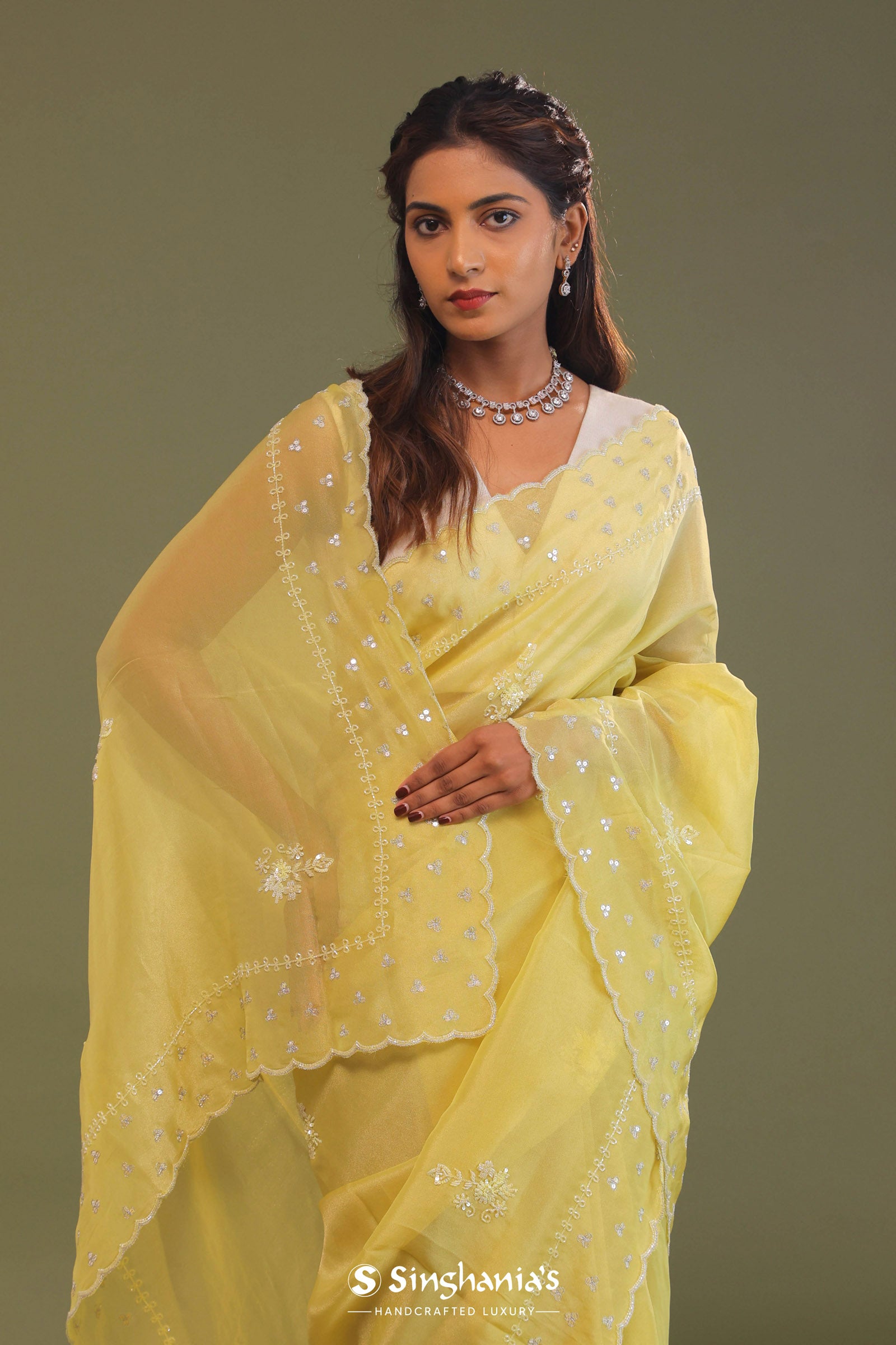 Macaroon Yellow Organza Embroidery Saree With Scallop Border