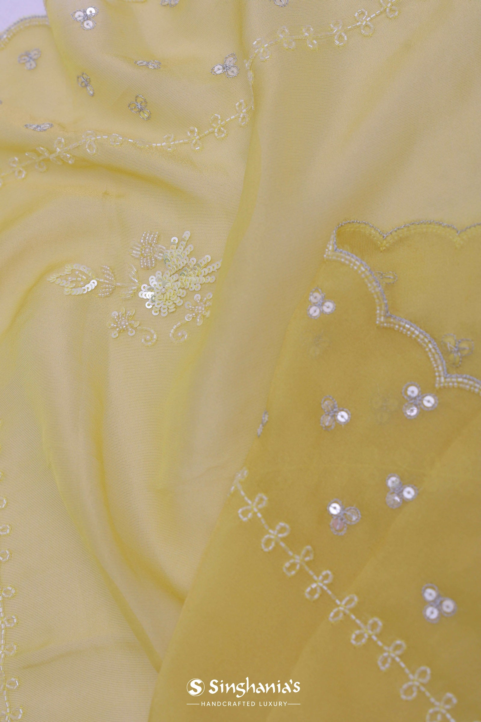 Macaroon Yellow Organza Embroidery Saree With Scallop Border