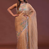 French Beige Organza Saree With Scallop Border