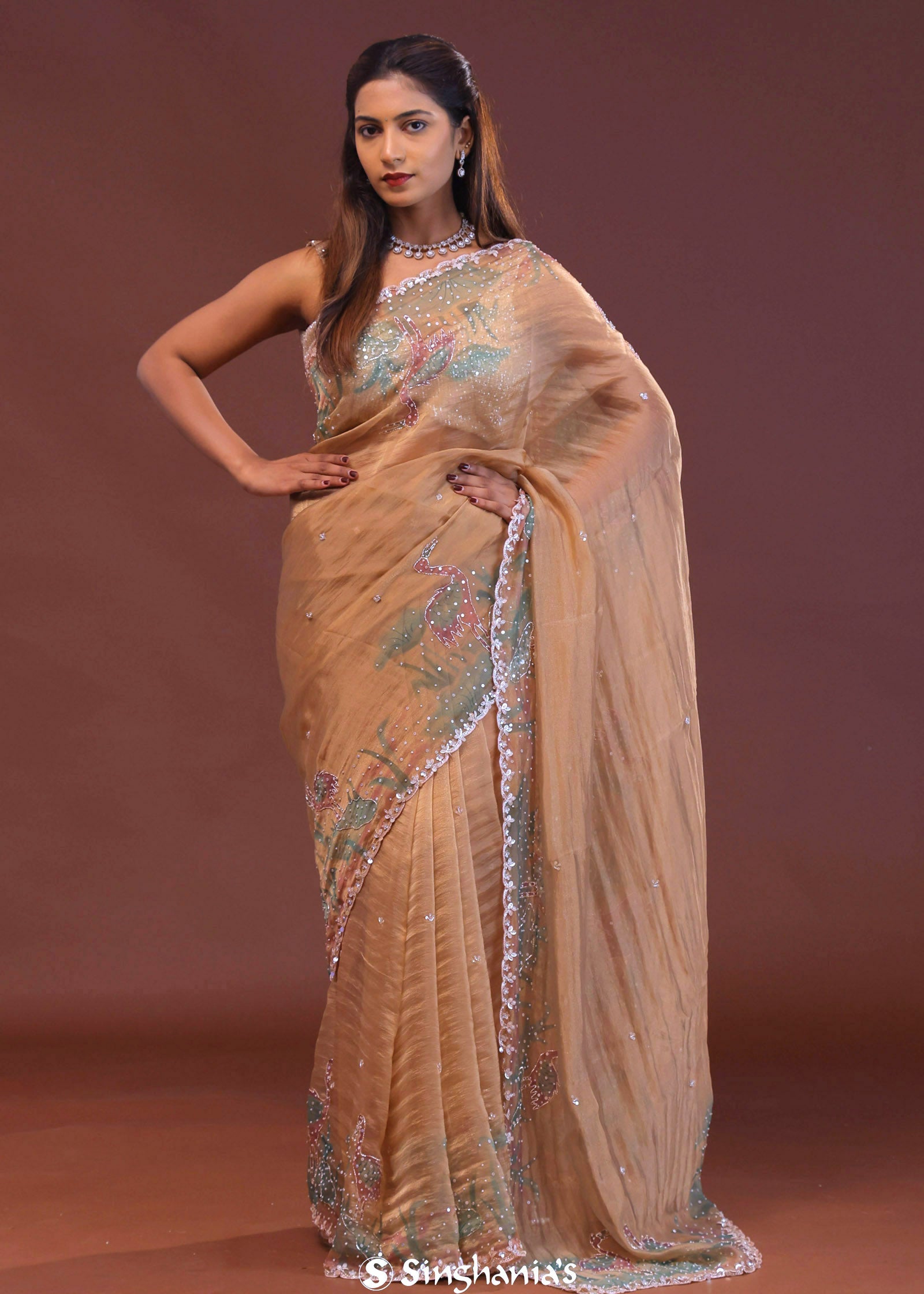 French Beige Organza Saree With Scallop Border