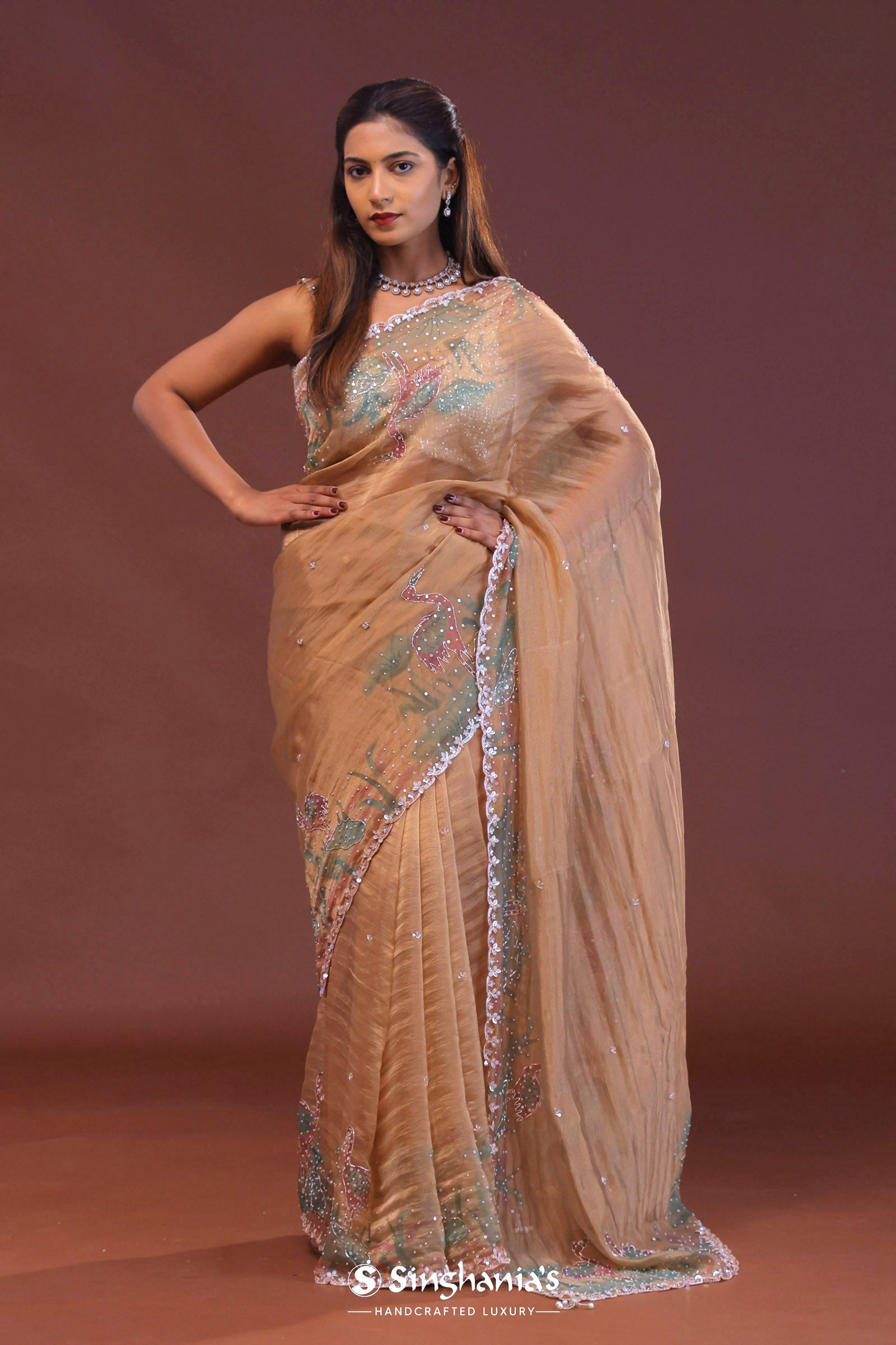 French Beige Organza Saree With Scallop Border