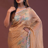French Beige Organza Saree With Scallop Border