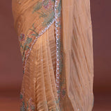 French Beige Organza Saree With Scallop Border
