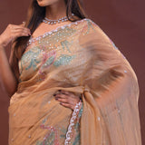 French Beige Organza Saree With Scallop Border