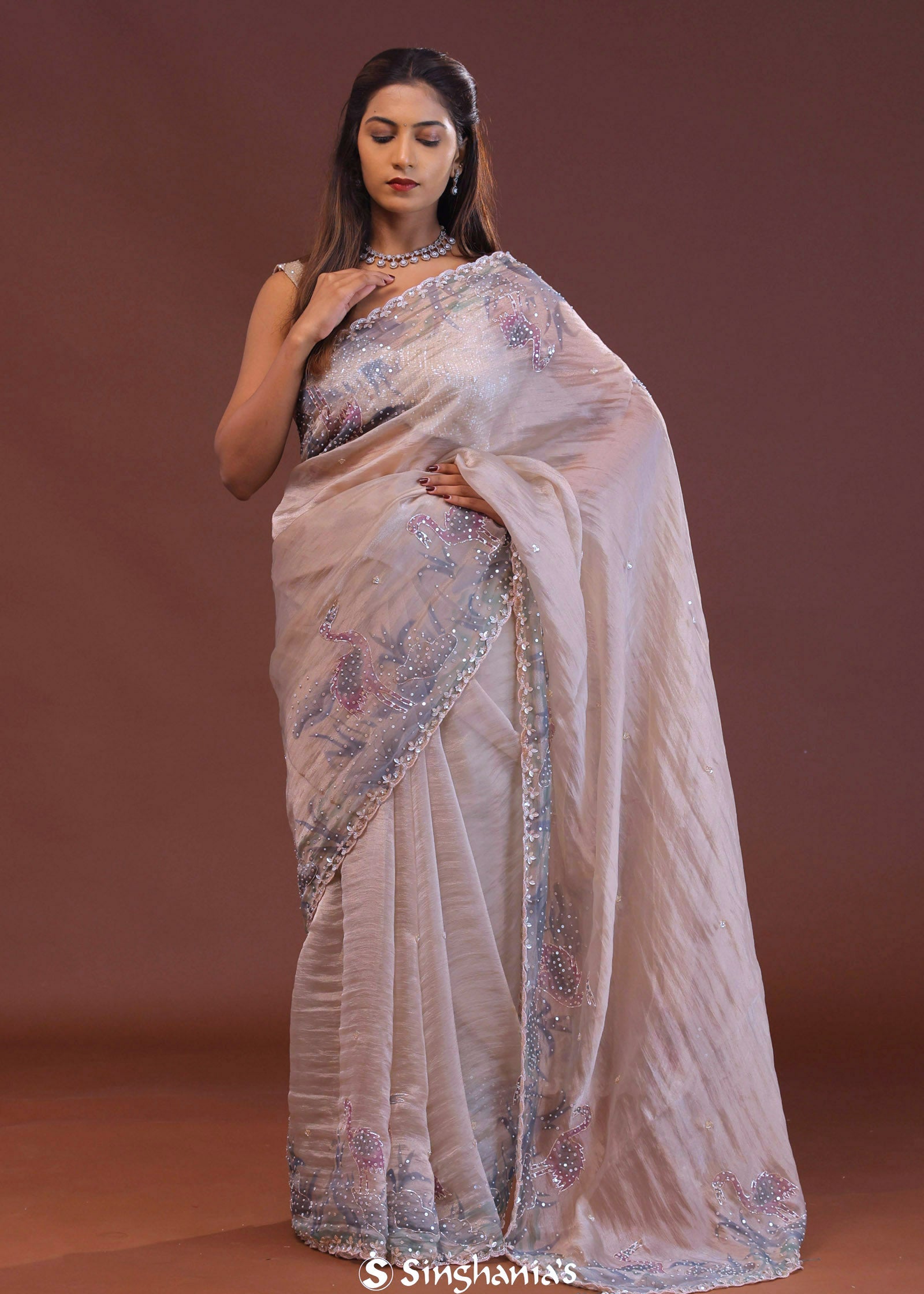 Pastel Lilac Organza Saree With Scallop Border