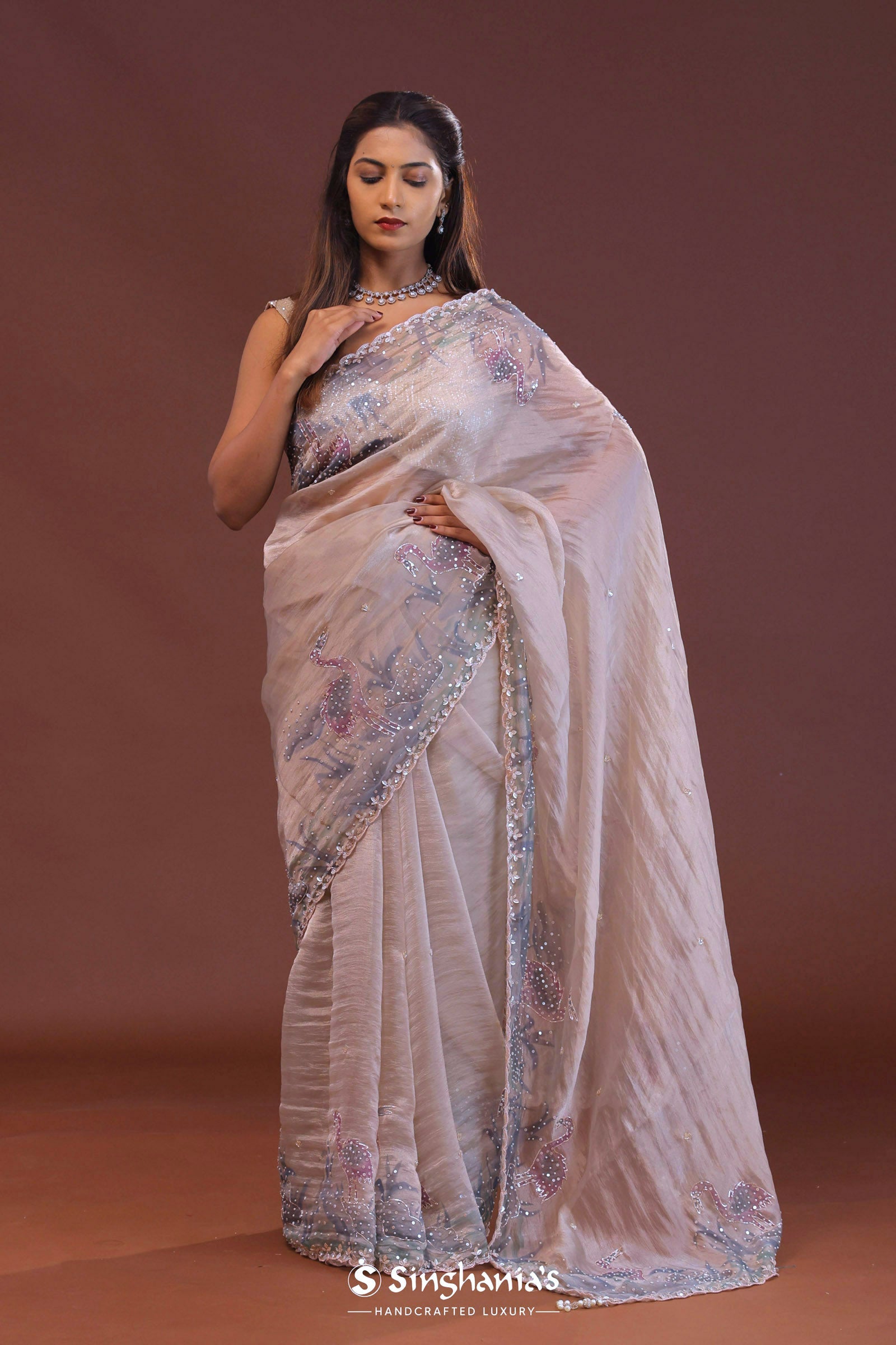 Pastel Lilac Organza Saree With Scallop Border