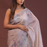 Pastel Lilac Organza Saree With Scallop Border