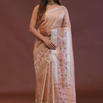 Salmon Pink Crushed Tissue Organza Embroidery Saree With Golden Border