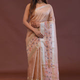 Salmon Pink Crushed Tissue Organza Embroidery Saree With Golden Border
