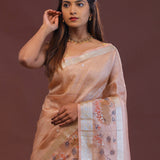 Salmon Pink Crushed Tissue Organza Embroidery Saree With Golden Border