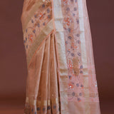 Salmon Pink Crushed Tissue Organza Embroidery Saree With Golden Border
