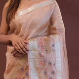 Salmon Pink Crushed Tissue Organza Embroidery Saree With Golden Border