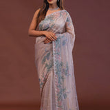 Lilac Organza Saree With Scallop Border