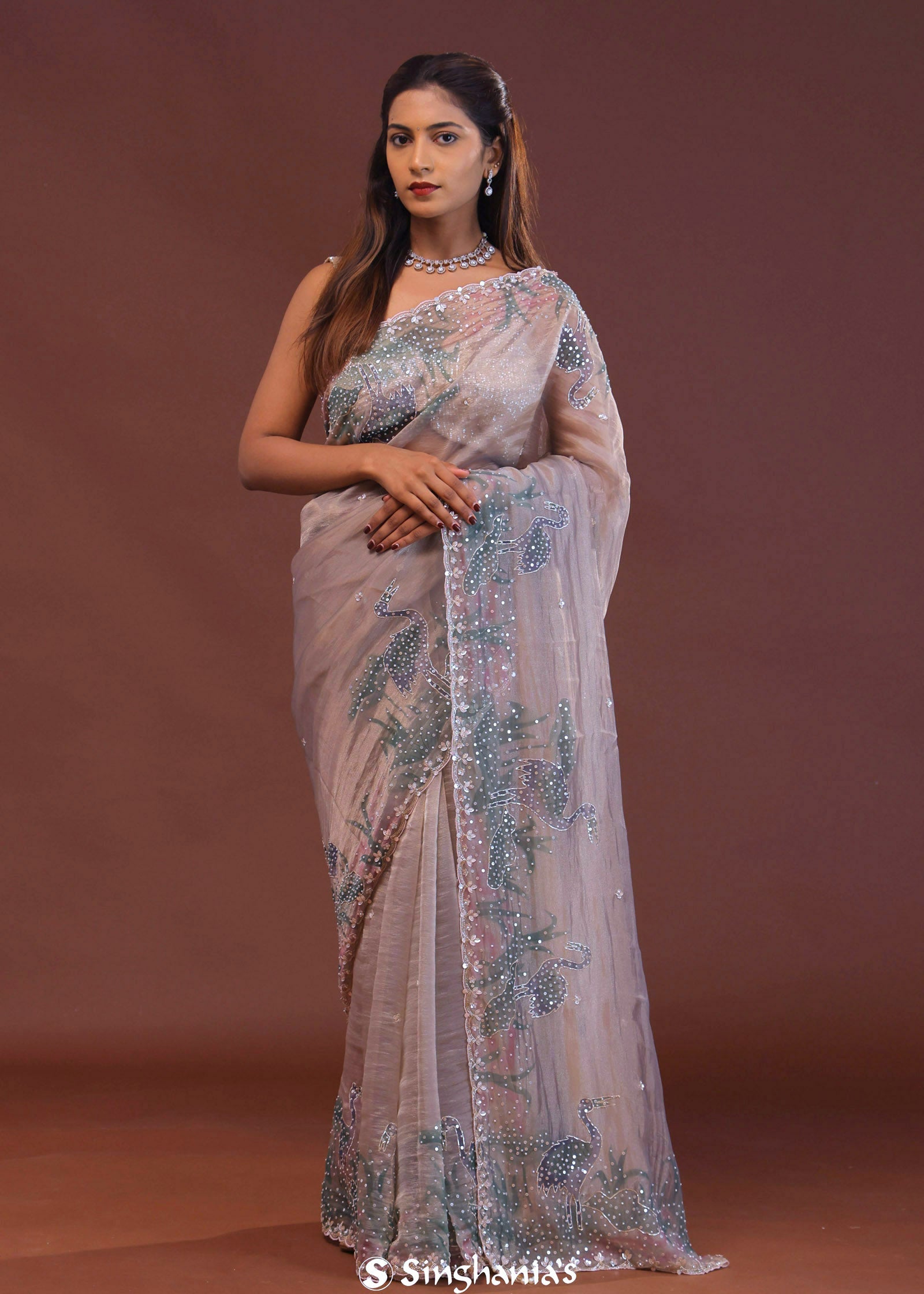 Lilac Organza Saree With Scallop Border