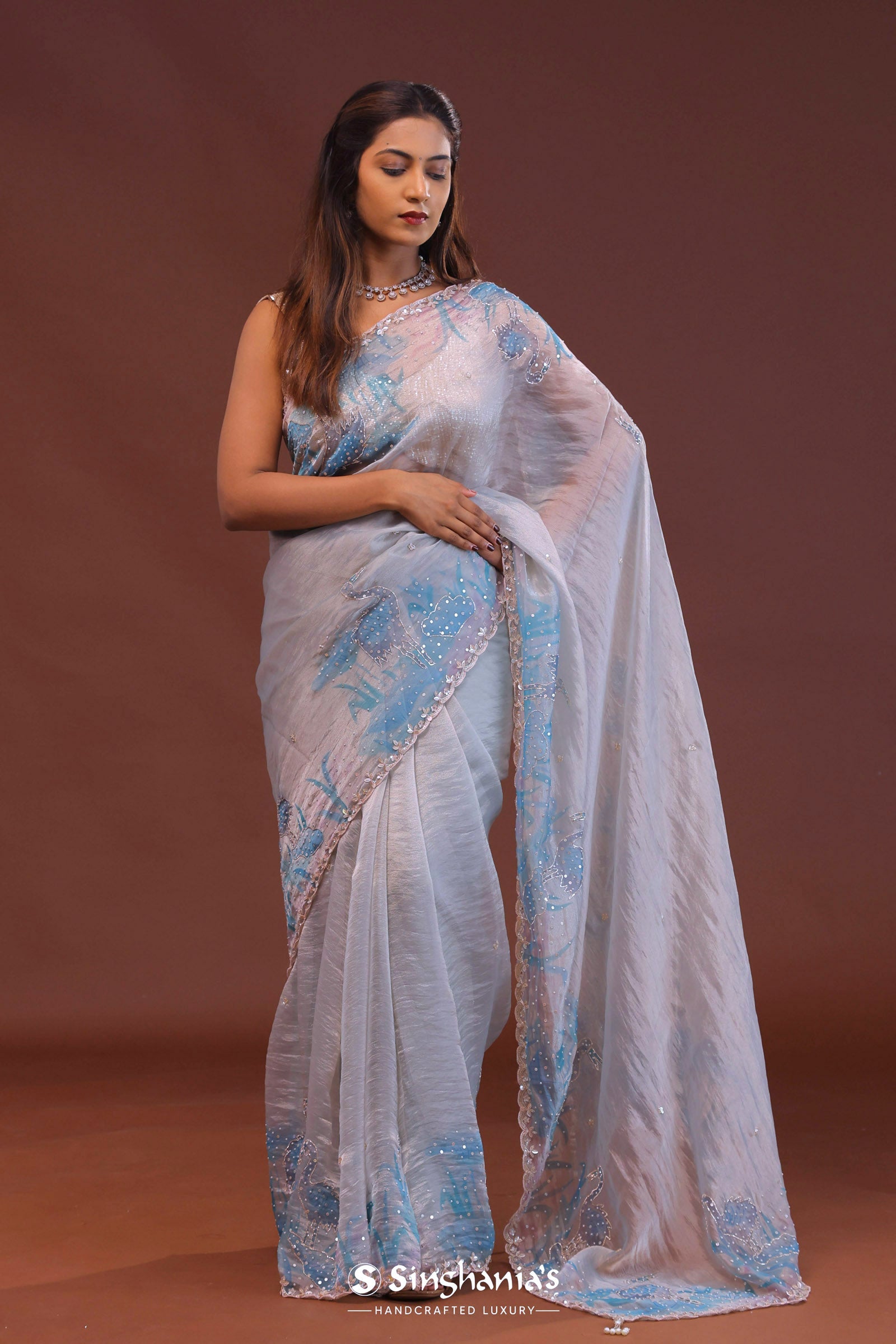 Lilac Organza Saree With Scallop Border