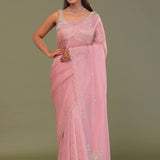 Flamingo Pink Organza Embroidery Saree With Scallop Border