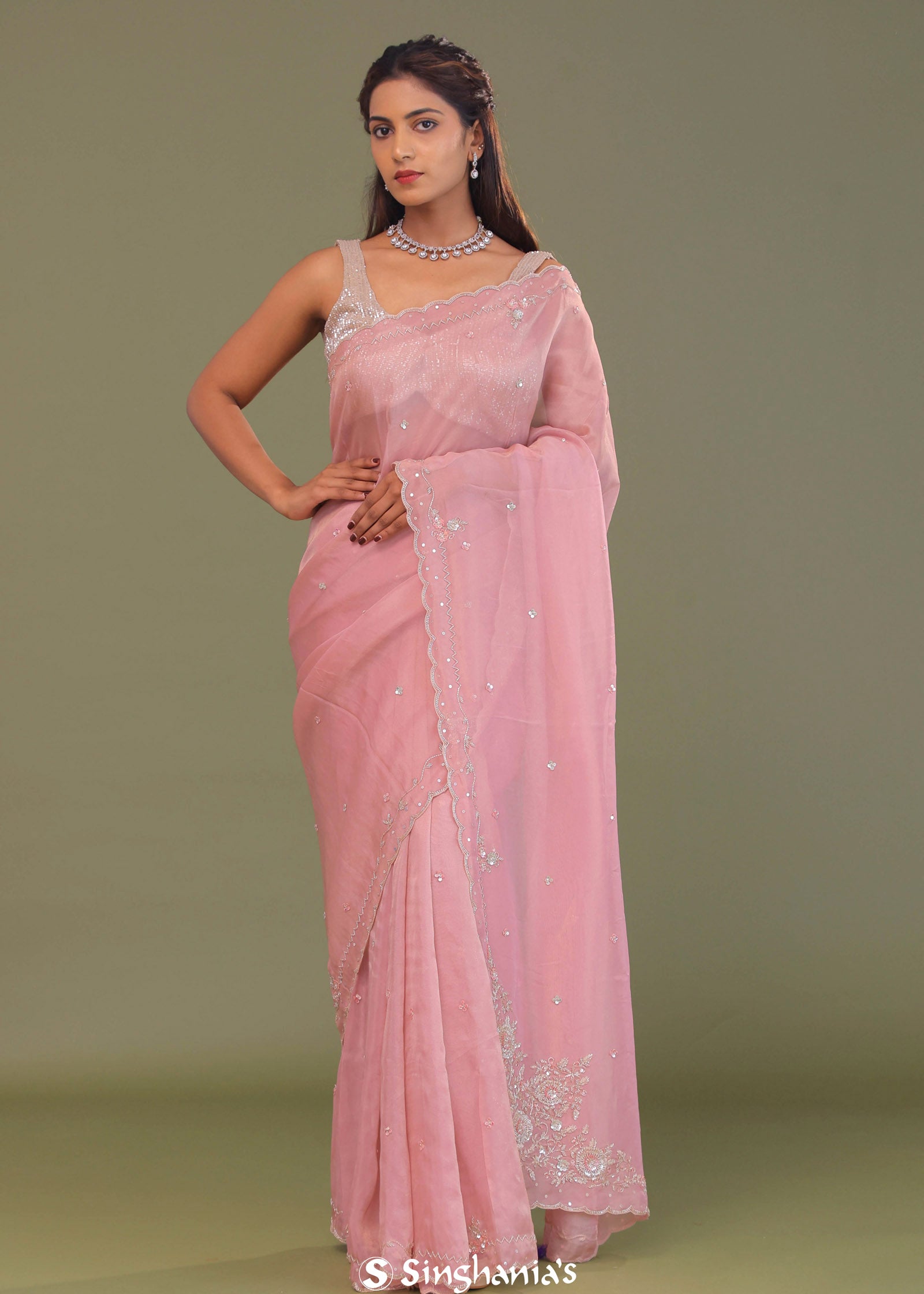 Flamingo Pink Organza Embroidery Saree With Scallop Border