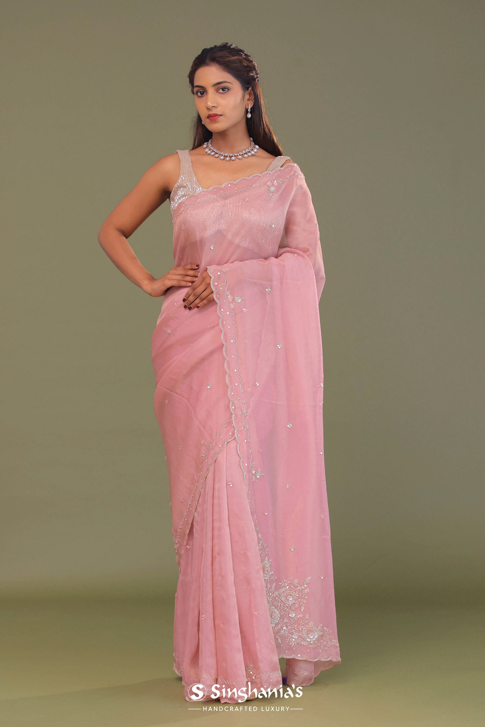 Flamingo Pink Organza Embroidery Saree With Scallop Border