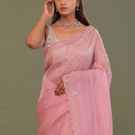 Flamingo Pink Organza Embroidery Saree With Scallop Border