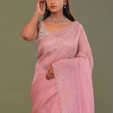 Flamingo Pink Organza Embroidery Saree With Scallop Border