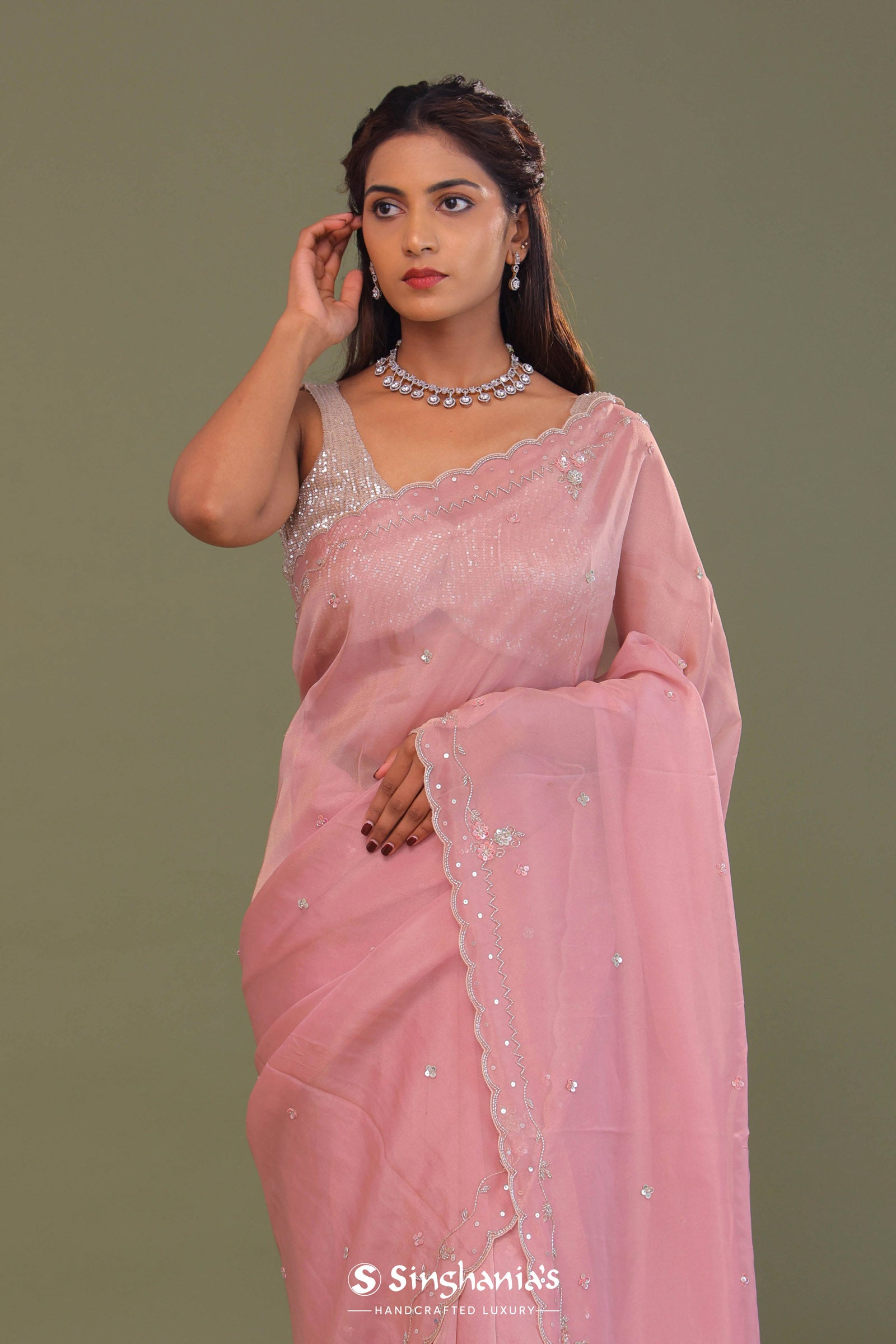 Flamingo Pink Organza Embroidery Saree With Scallop Border