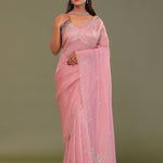 Flamingo Pink Organza Embroidery Saree With Scallop Border