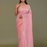 Flamingo Pink Organza Embroidery Saree With Scallop Border