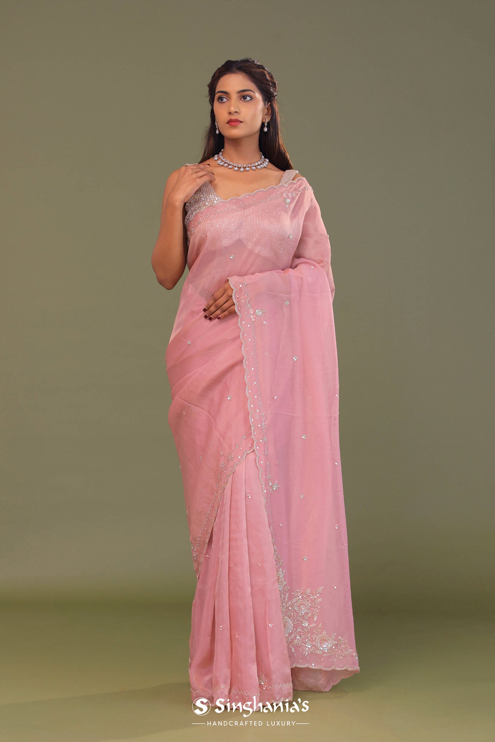 Flamingo Pink Organza Embroidery Saree With Scallop Border