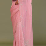 Flamingo Pink Organza Embroidery Saree With Scallop Border