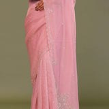 Flamingo Pink Organza Embroidery Saree With Scallop Border