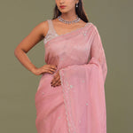 Flamingo Pink Organza Embroidery Saree With Scallop Border