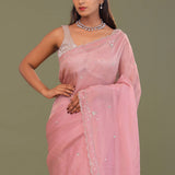 Flamingo Pink Organza Embroidery Saree With Scallop Border