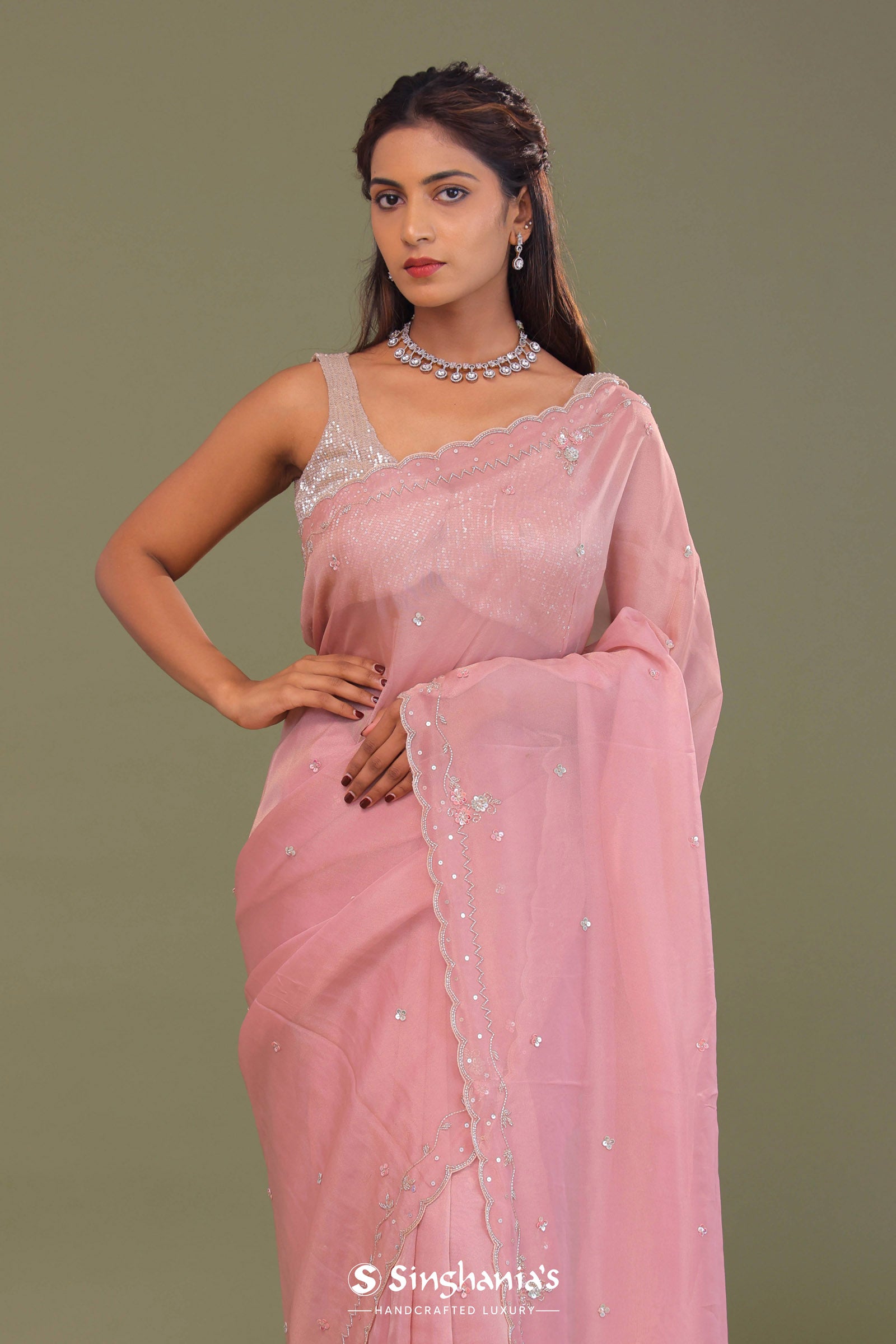 Flamingo Pink Organza Embroidery Saree With Scallop Border