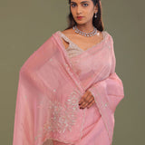 Flamingo Pink Organza Embroidery Saree With Scallop Border