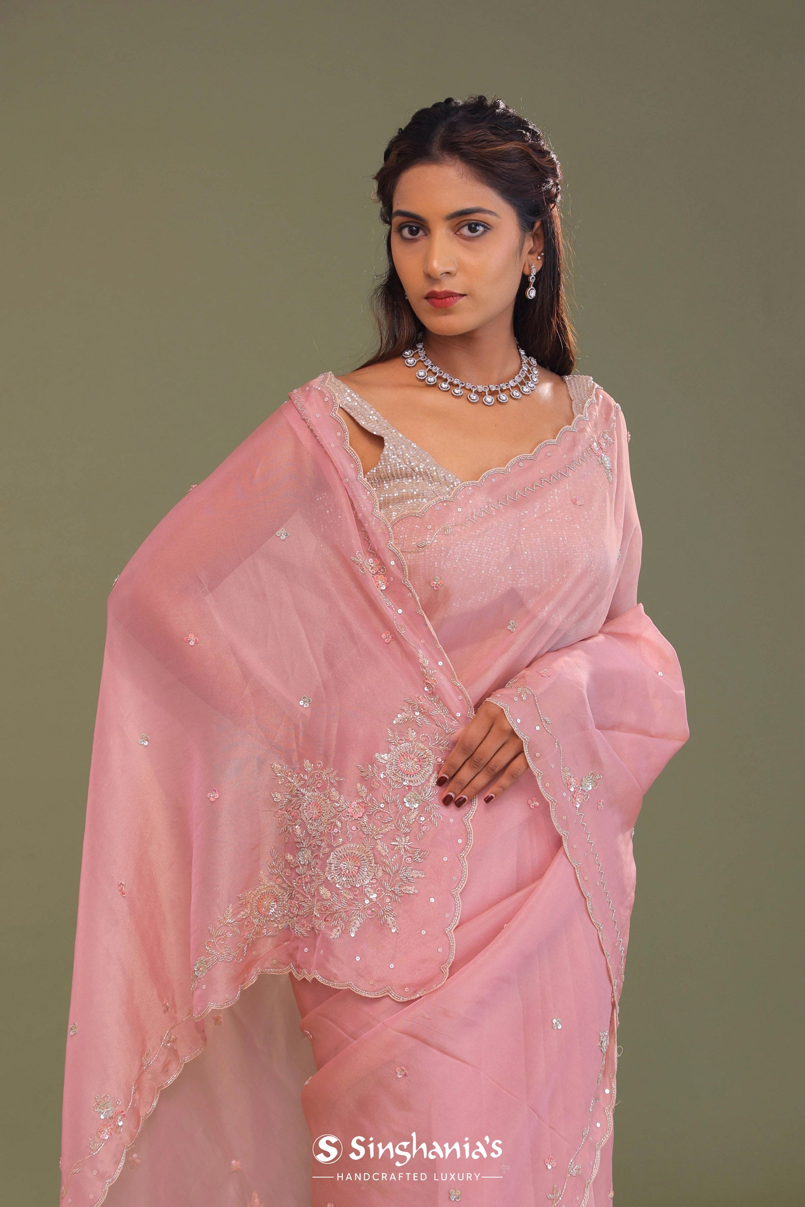Flamingo Pink Organza Embroidery Saree With Scallop Border