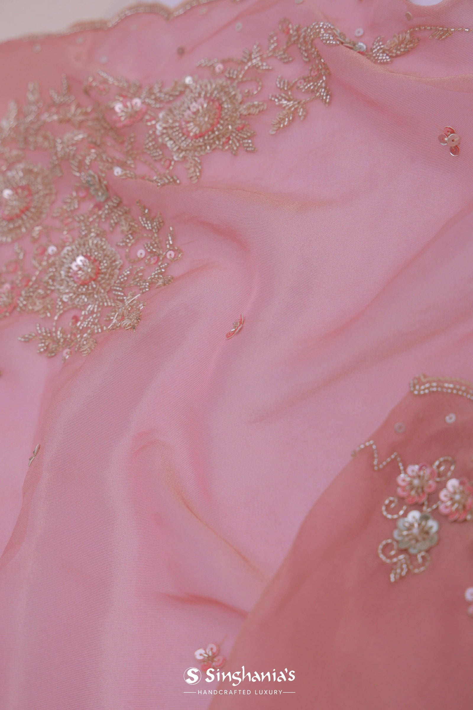 Flamingo Pink Organza Embroidery Saree With Scallop Border