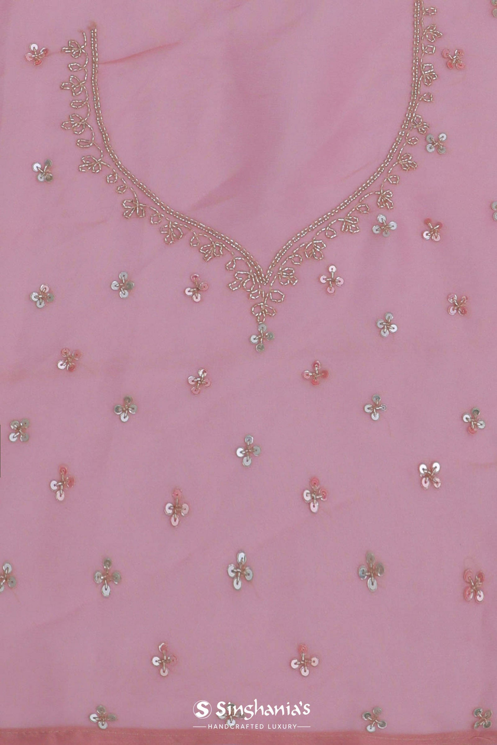 Flamingo Pink Organza Embroidery Saree With Scallop Border