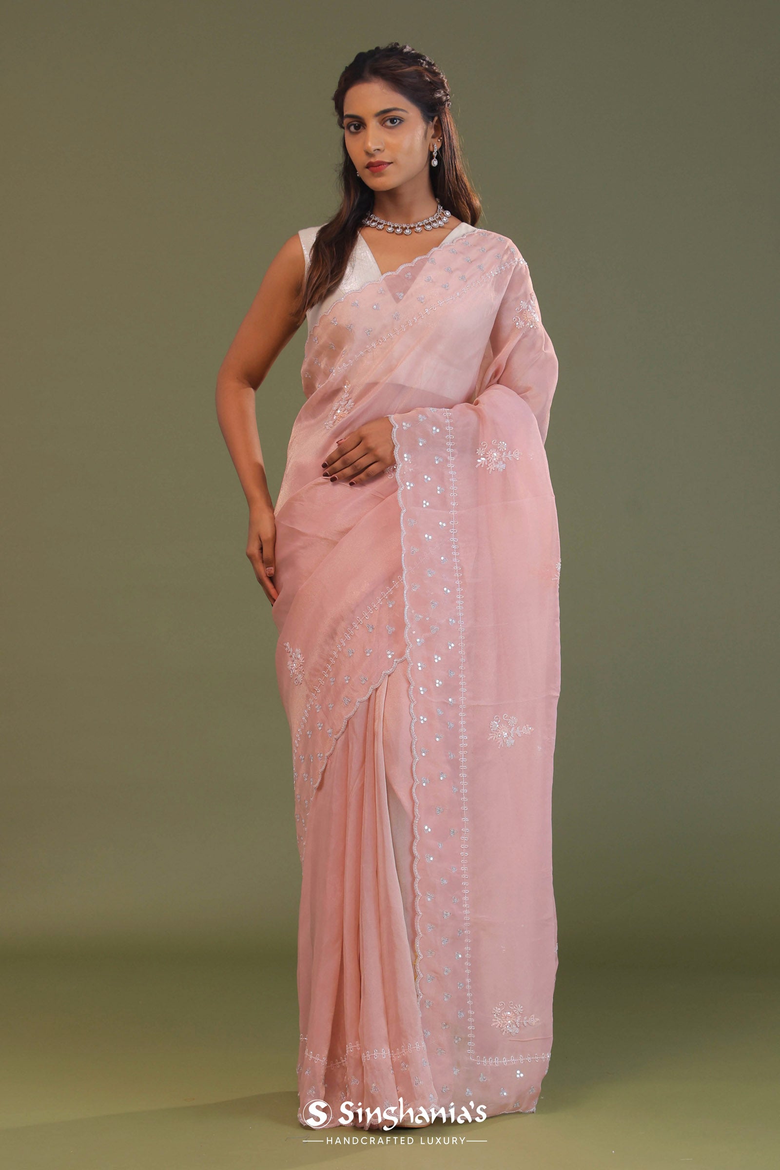 Soft Salmon Pink Organza Embroidery Saree With Scallop Border